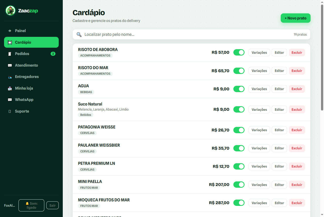 Painel de cardápio do Zaaczap com pratos, preços, busca e variações