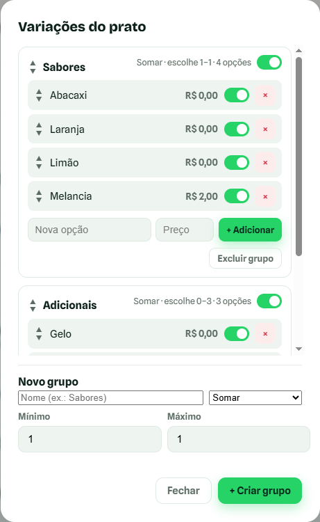 Gerenciador de variações: sabores e adicionais com liga/desliga e reordenar